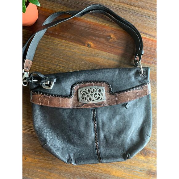 BRIGHTON | Leather Hobo Bag Two-Tone Black & Brown Silver Filigree Hardware